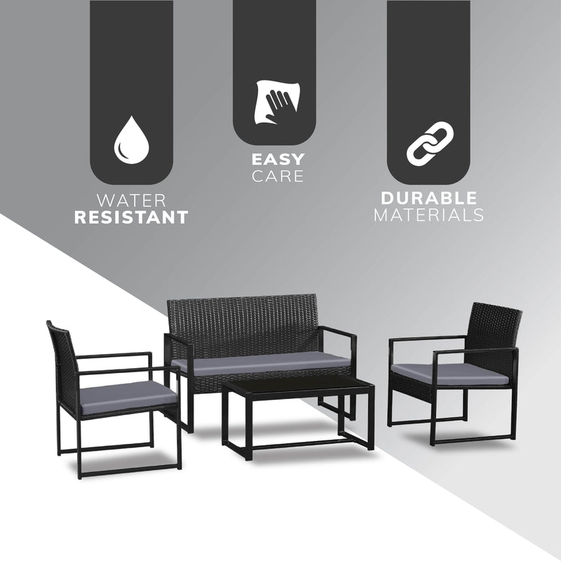 Stylish Black Frame Rattan Garden Furniture Set – 4-Piece Outdoor Furniture Collection with Double Chair, 2 Single Chairs, Glass Coffee Table