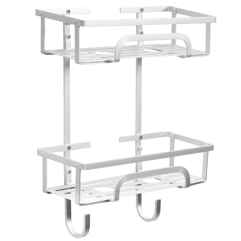 Self Adhesive 2 Tier Aluminium Shower Caddy – Wall Mounted with Bottom Hooks