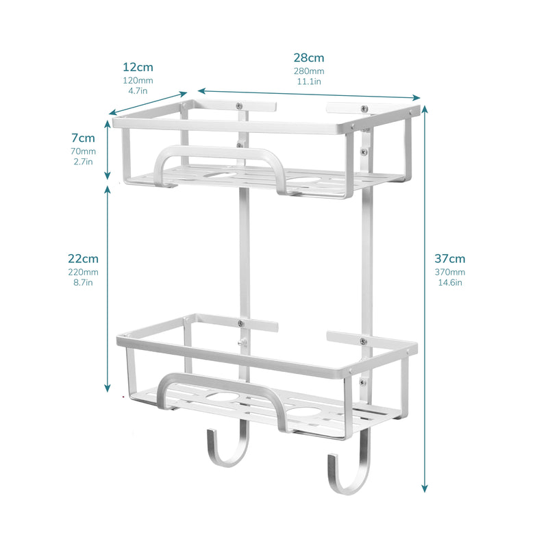 Self Adhesive 2 Tier Aluminium Shower Caddy – Wall Mounted with Bottom Hooks