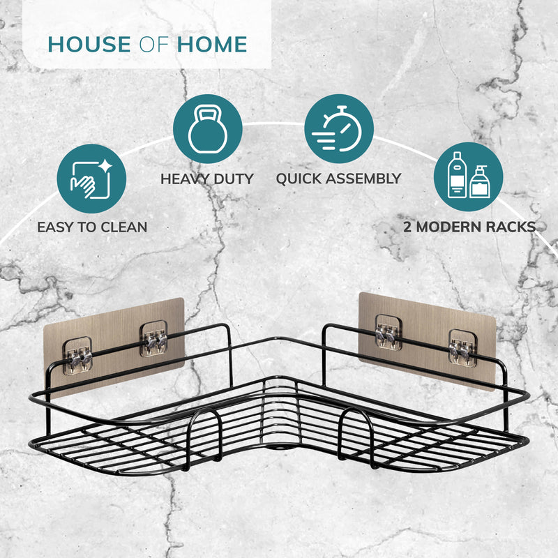 Set of 2 Black Self-Adhesive Corner Shower Shelves – Rust Resistant Storage