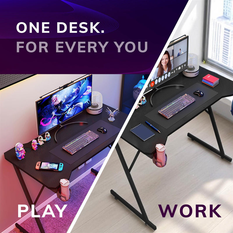 Gaming Desk Carbon Fibre Finish Black 120cm Cup Holder, Headphone Hook