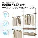 Adjustable Double Telescopic Clothes Rail with Storage Baskets & Shelving – Black