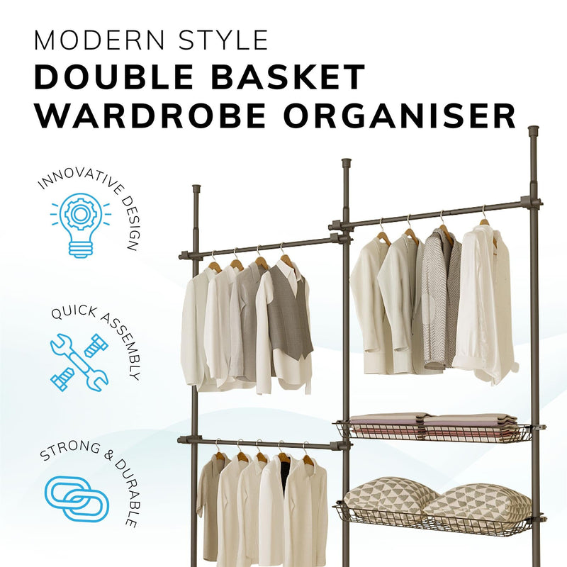 Adjustable Double Telescopic Clothes Rail with Storage Baskets & Shelving – Black
