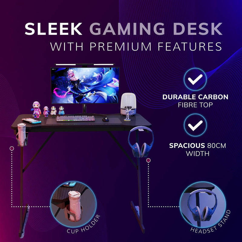 Gaming Desk Carbon Fibre Finish Black 80cm Cup Holder, Headphone Hook
