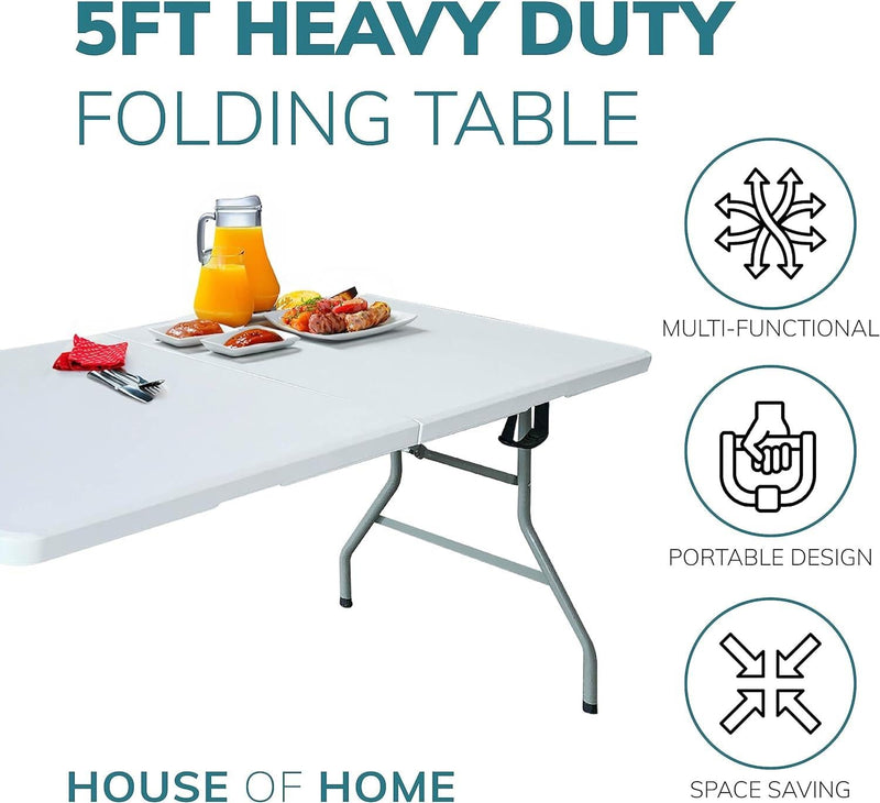 HHeavy Duty 5ft Folding Table – Portable Plastic Banquet & Camping BBQ Table