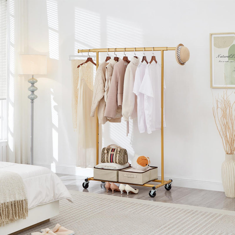 Heavy Duty Gold Clothes Rail – Adjustable Width & Height with Shelf and Locking Wheels