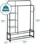 Freestanding Double Clothes Rail with 2 Shoe Racks & 4 Shelves – Black Steel Frame