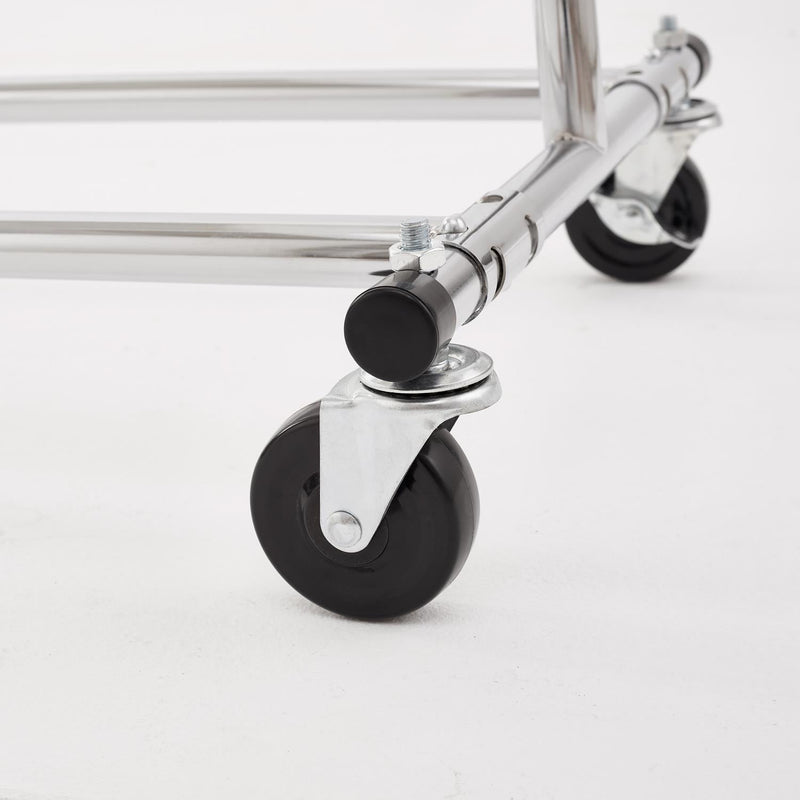 Heavy Duty Chrome Clothes Rail – Adjustable Width & Height with Shelf and Locking Wheels