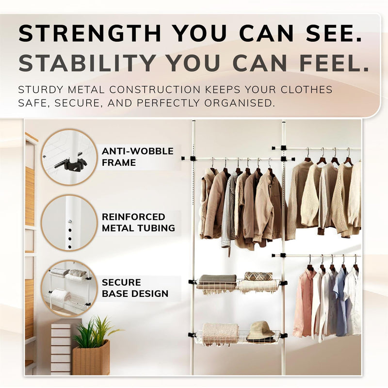 Adjustable Double Telescopic Clothes Rail with Storage Baskets & Shelving – White