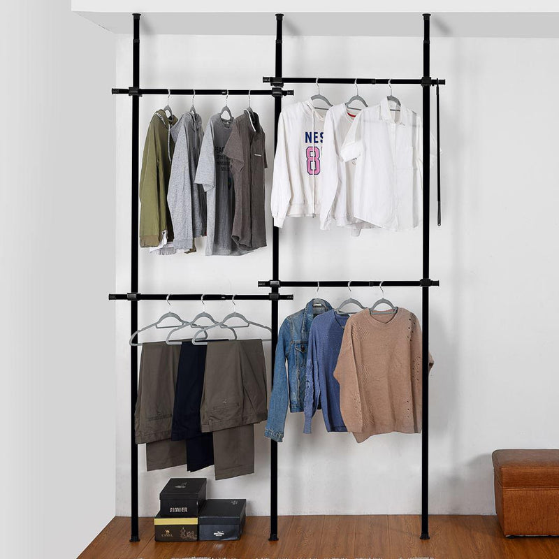 Black Floor to Ceiling Double Telescopic Wardrobe Organiser – 2 Tier Hanging Clothes Rack