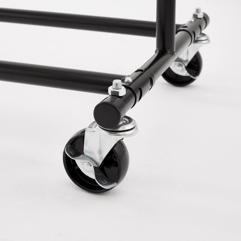 Heavy Duty Black Clothes Rail – Adjustable Width & Height with Shelf and Locking Wheels