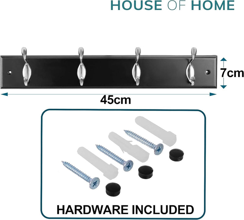 Black Wooden Coat Rack – 4 Double Hooks, Wall or Door Mountable