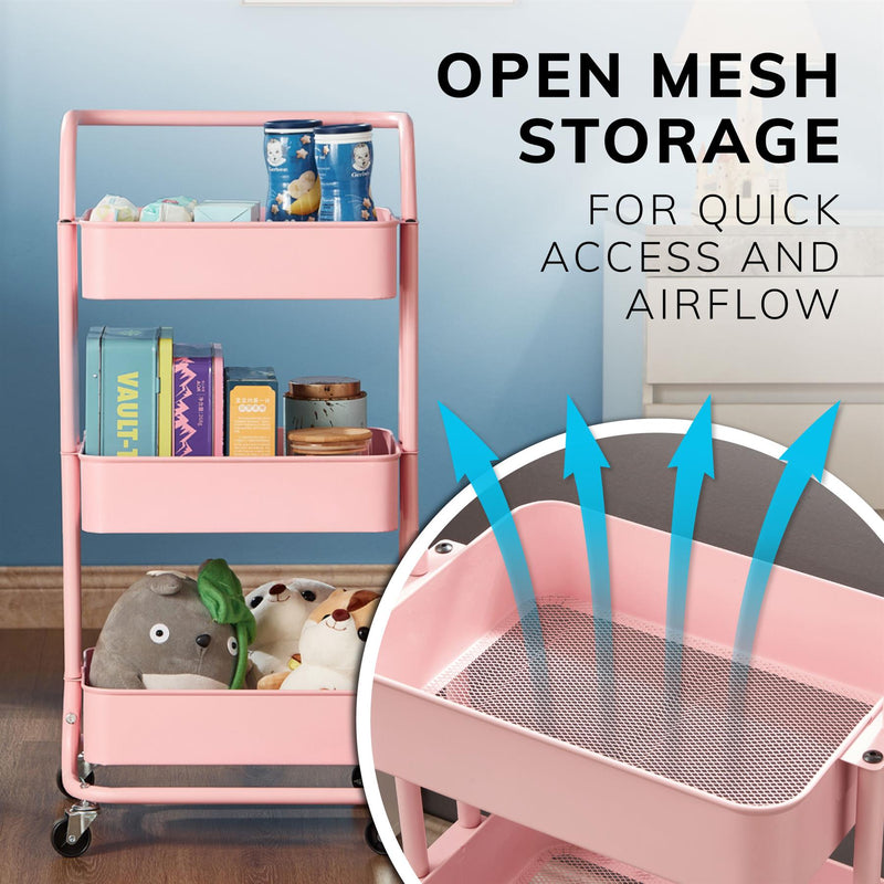 3‑Tier Pink Storage Trolley on Wheels – Versatile Organiser for Kitchen, Bathroom, Office or Bedroom