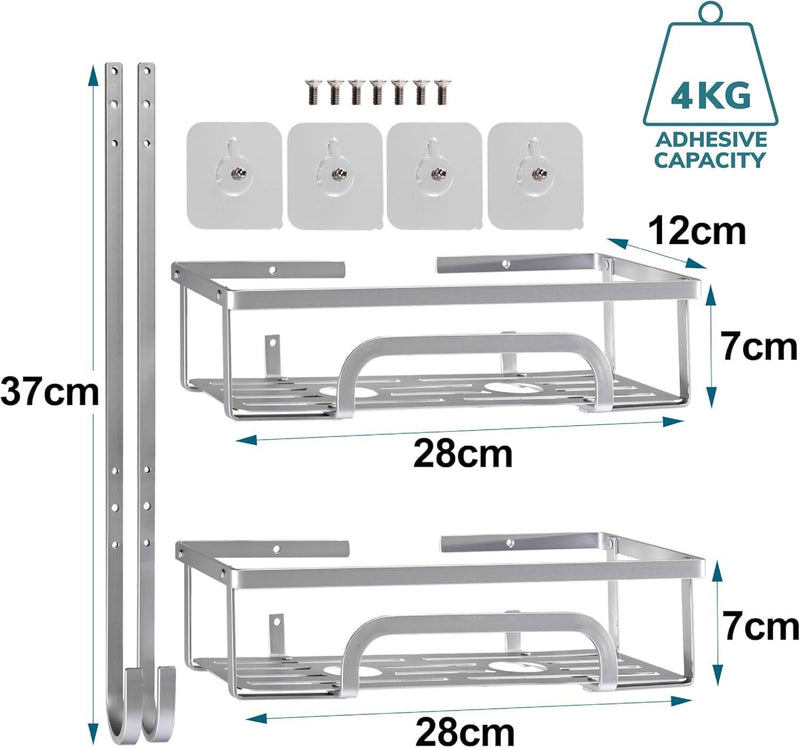 Self Adhesive 2 Tier Aluminium Shower Caddy – Wall Mounted with Bottom Hooks