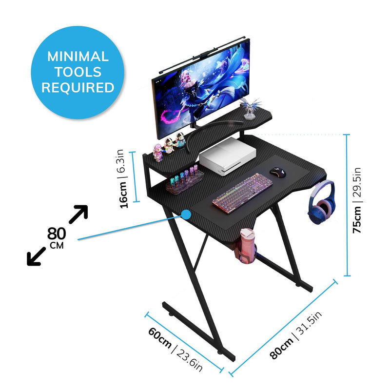 Gaming Desk with Monitor Stand Carbon Fibre Top Black 80cm