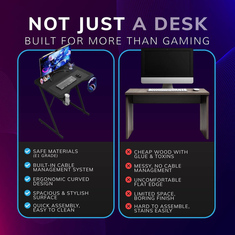 Gaming Desk Carbon Fibre Finish Black 80cm Cup Holder, Headphone Hook
