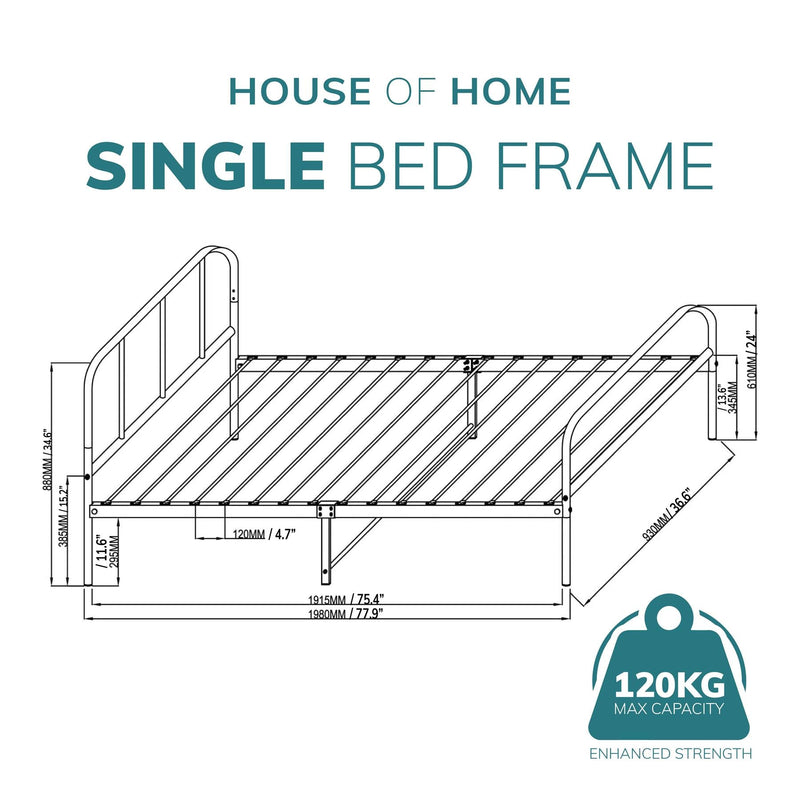 Extra Strong Single Metal Bed Frame with Rounded Head and Foot Board In Black