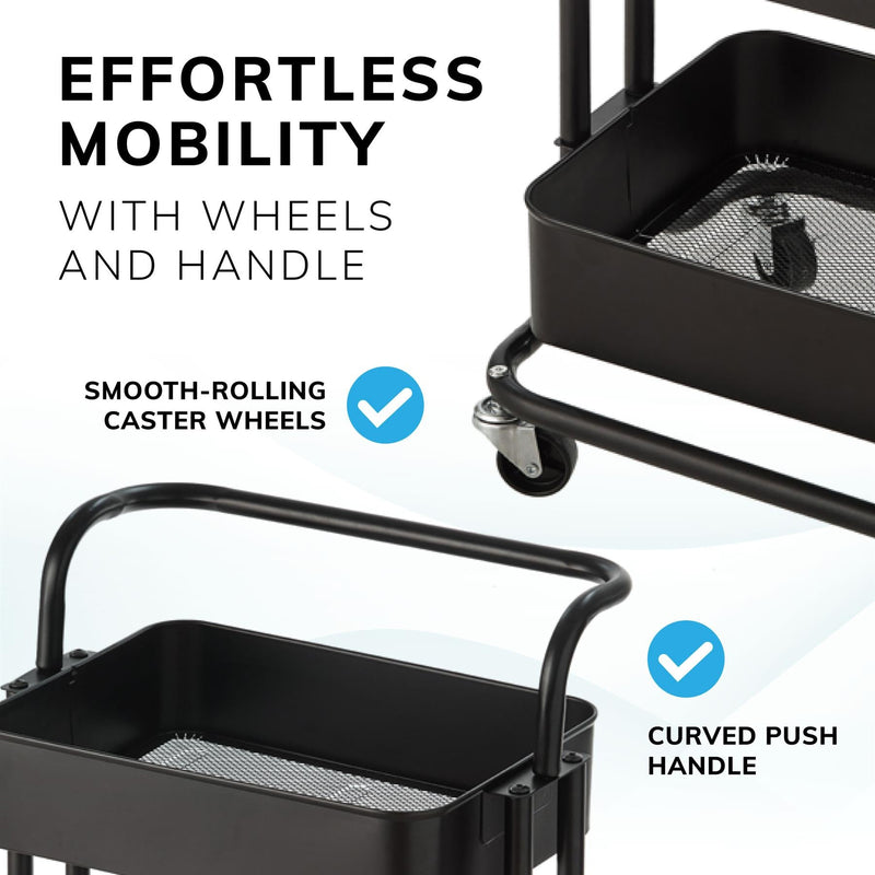 3‑Tier Black Storage Trolley on Wheels – Versatile Organiser for Kitchen, Bathroom, Office or Bedroom