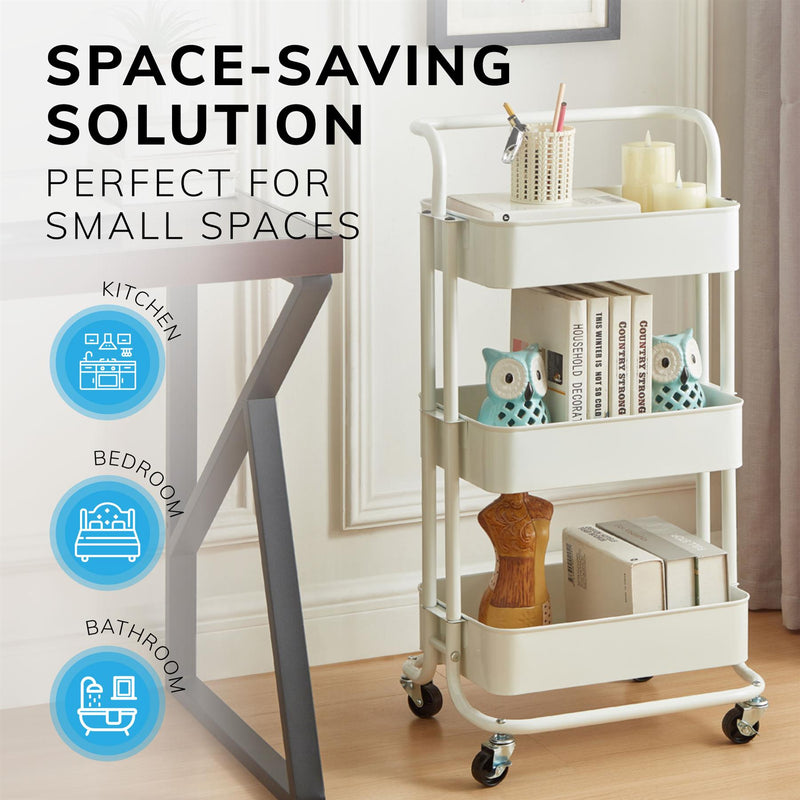 3‑Tier White Storage Trolley on Wheels – Versatile Organiser for Kitchen, Bathroom, Office or Bedroom