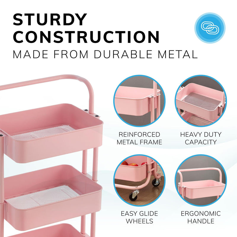 3‑Tier Pink Storage Trolley on Wheels – Versatile Organiser for Kitchen, Bathroom, Office or Bedroom