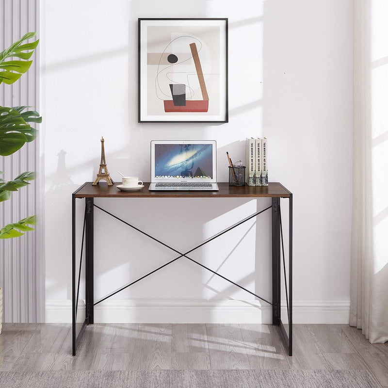 Folding Rustic Brown Wood Desk Table with Black Metal Frame – 100 x 50 x 75 cm