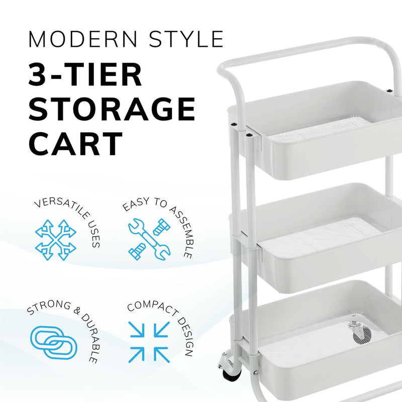 3‑Tier White Storage Trolley on Wheels – Versatile Organiser for Kitchen, Bathroom, Office or Bedroom