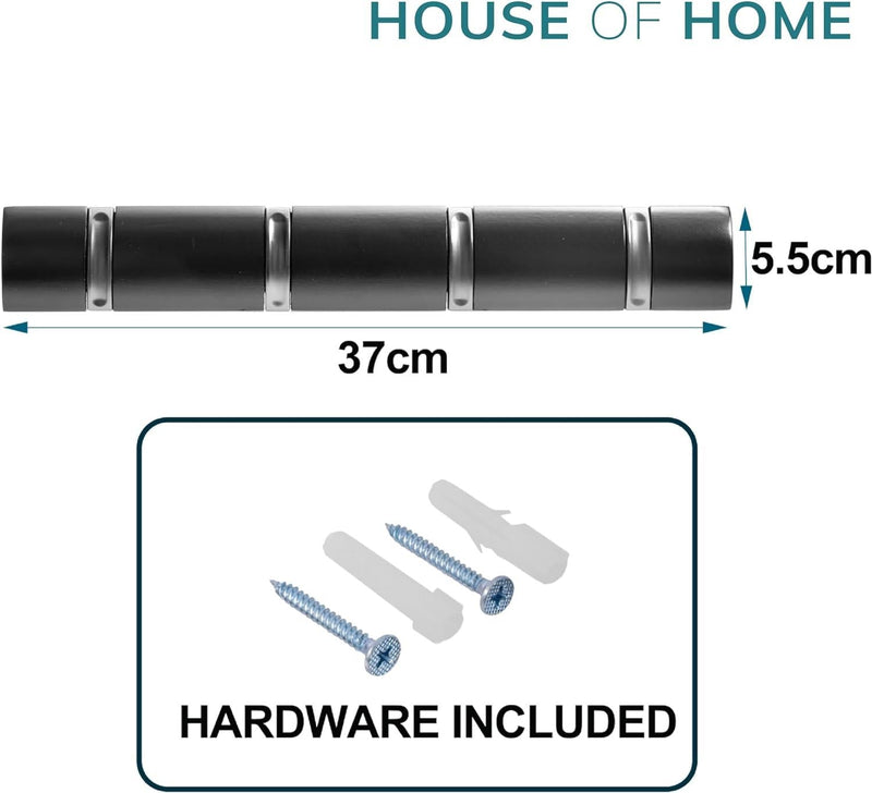 Wall Mounted Door Hook Rack – 4 Black Nickel Hooks on Black Wooden Board