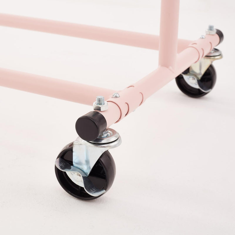 Heavy Duty Pink Clothes Rail – Adjustable Width & Height with Shelf and Locking Wheels