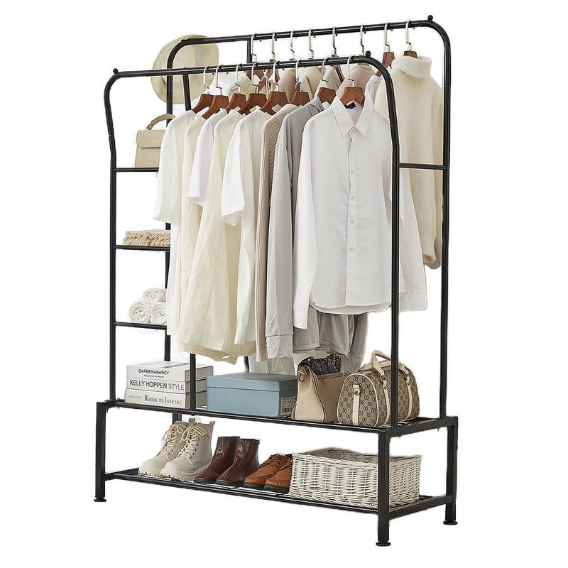 Double Hanging Clothes Rail with Shelves & Shoe Storage – Black Metal, 6 Shelves