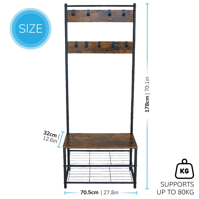 Multi-Function Coat Stand with Black Frame & Rustic Brown Wood – Hallway Entrance