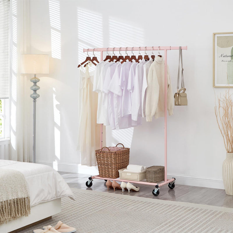 Heavy Duty Pink Clothes Rail – Adjustable Width & Height with Shelf and Locking Wheels