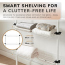 Adjustable Double Telescopic Clothes Rail with Storage Baskets & Shelving – White