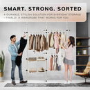 Adjustable Double Telescopic Clothes Rail with Storage Baskets & Shelving – White
