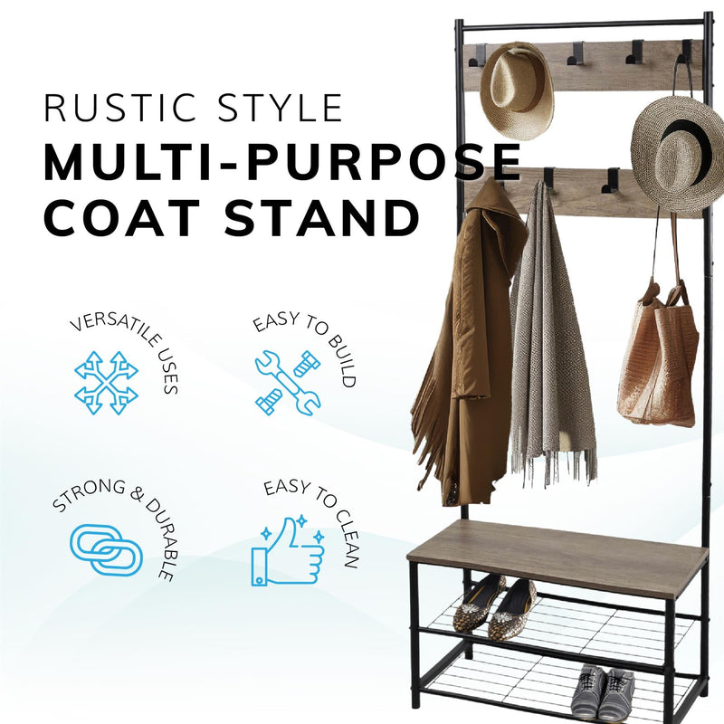 Multi-Function Coat Stand with Black Frame & Rustic Brown Wood – Hallway Entrance