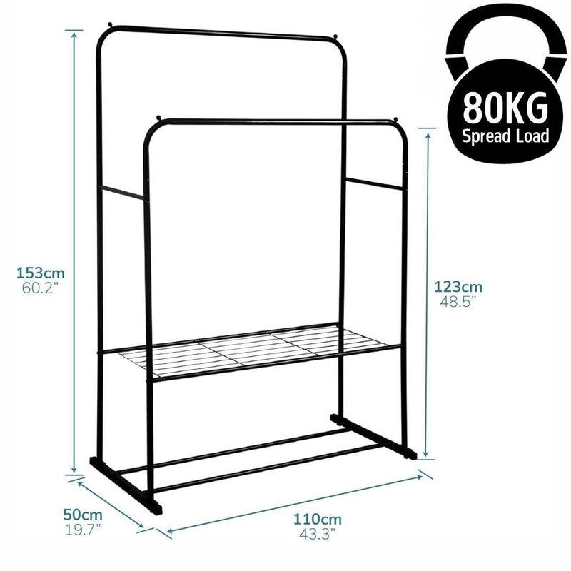 Black Double Clothes Rail with 2 Shelves – Heavy Duty Metal Frame with Adjustable Feet