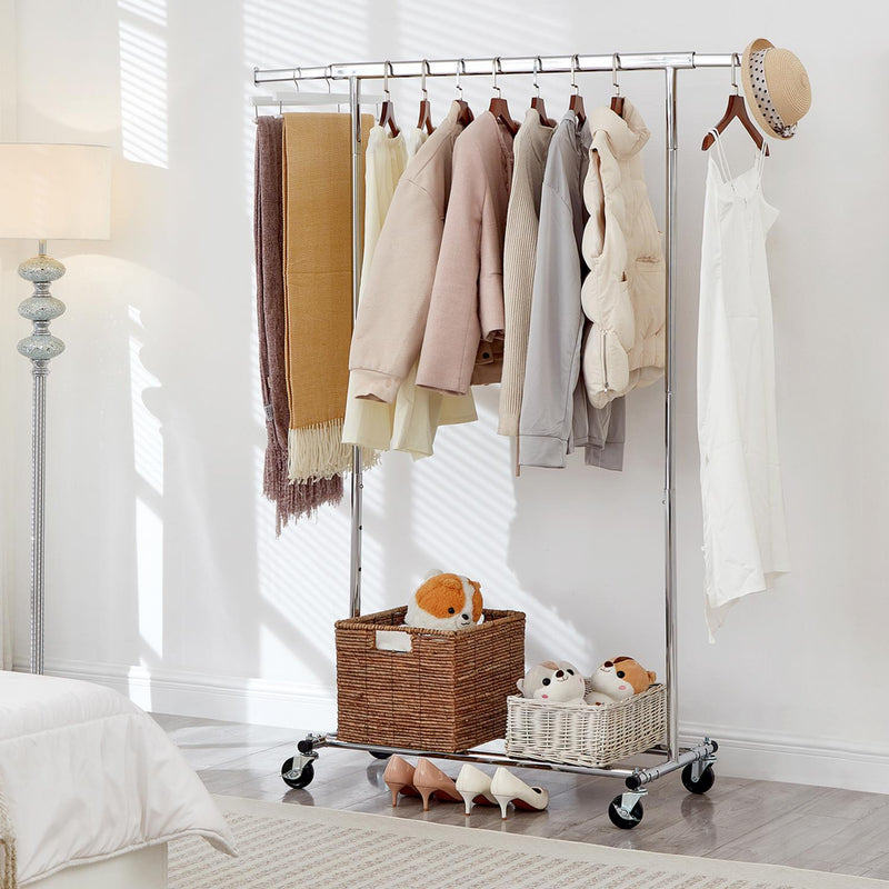 Heavy Duty Chrome Clothes Rail – Adjustable Width & Height with Shelf and Locking Wheels
