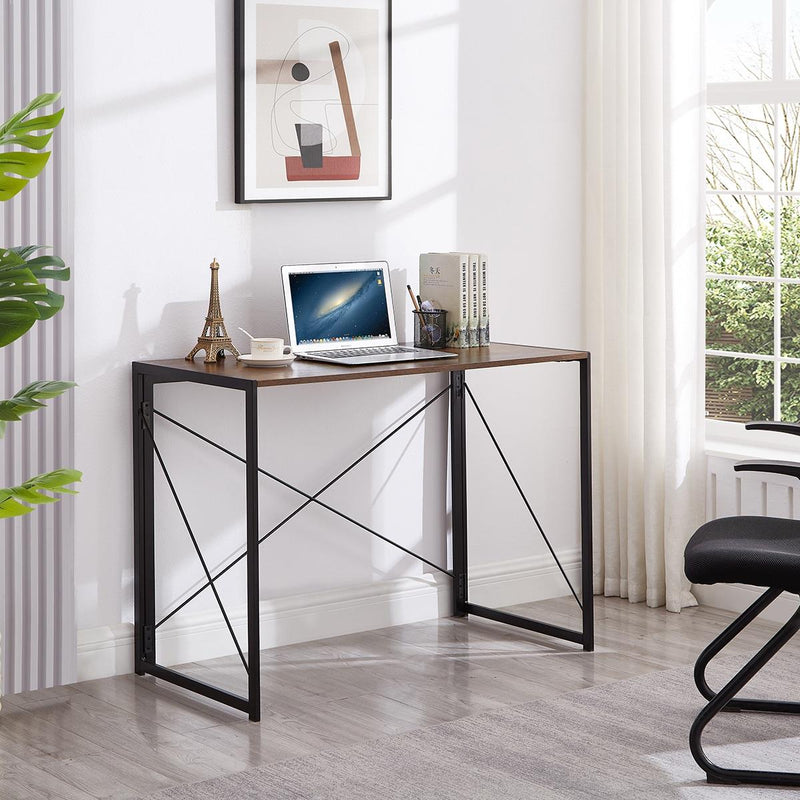Folding Rustic Brown Wood Desk Table with Black Metal Frame – 100 x 50 x 75 cm