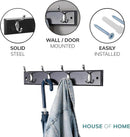 Black Wooden Coat Rack – 4 Double Hooks, Wall or Door Mountable