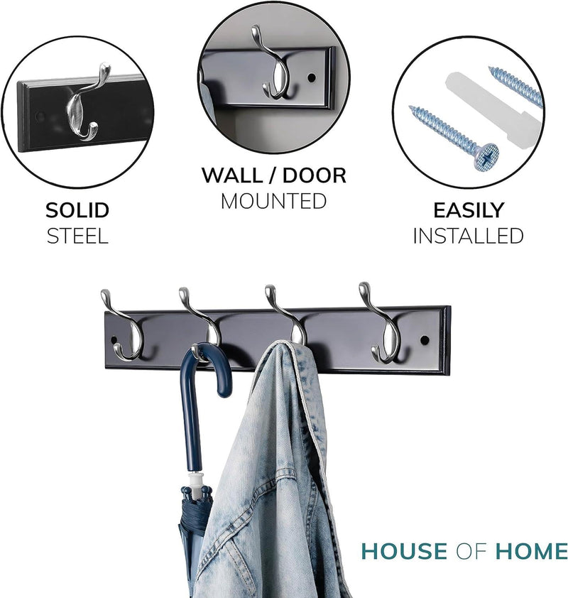 Black Wooden Coat Rack – 4 Double Hooks, Wall or Door Mountable