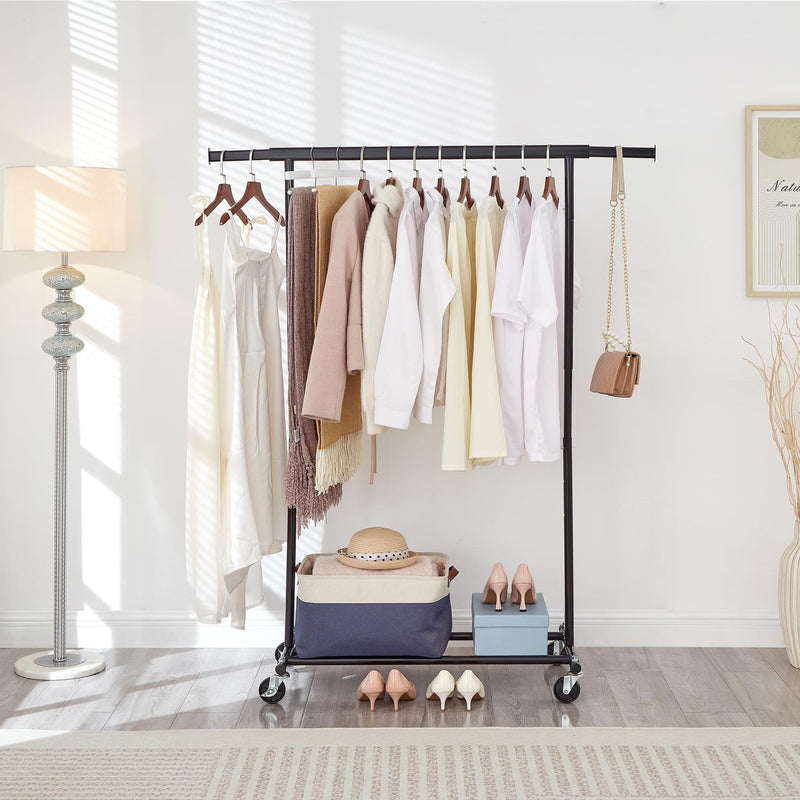 Heavy Duty Black Clothes Rail – Adjustable Width & Height with Shelf and Locking Wheels