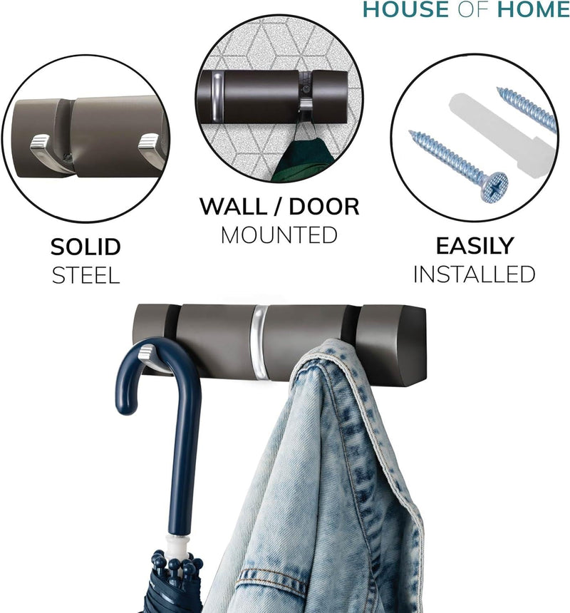 Wall Mounted Door Hook Rack – 3 Concealed Nickel Hooks on Dark Grey Board