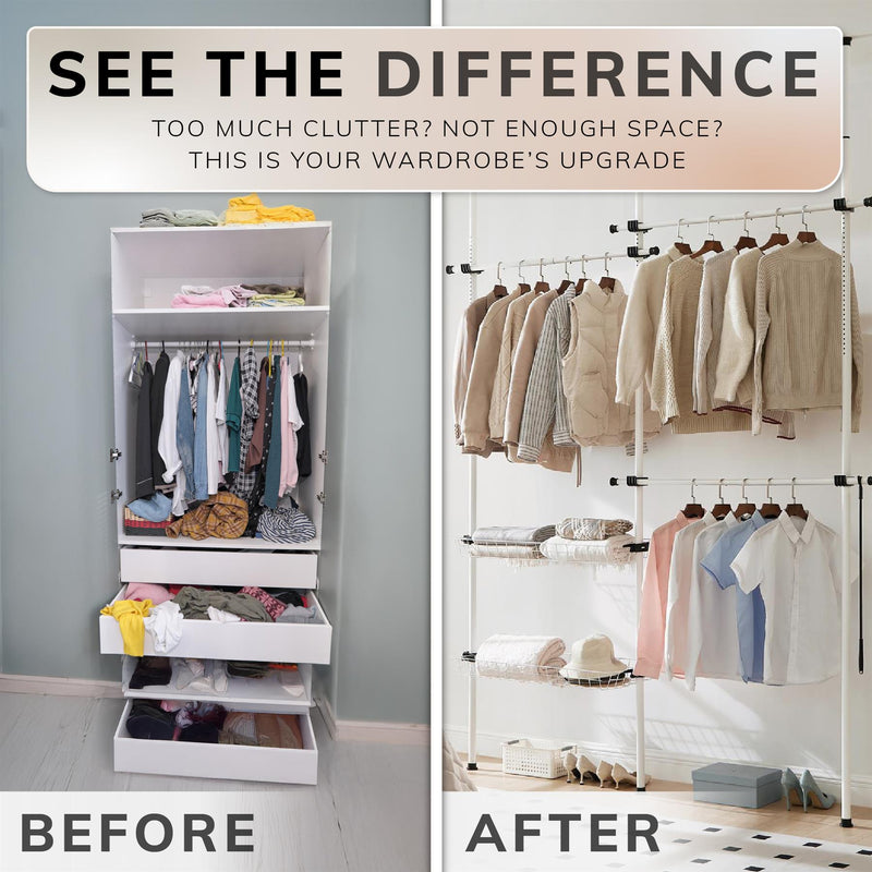 Adjustable Double Telescopic Clothes Rail with Storage Baskets & Shelving – White